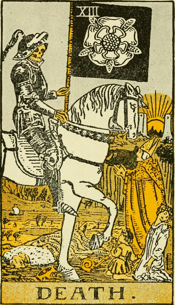 An illustration from The illustrated key to the tarot, the veil of divination, illustrating the greater and lesser arcana, embracing: The veil and its symbols. Secret tradition under the veil of divination. Art of tarot divination. Outer method of the oracles. The tarot in history. Inner symbolism. The greater keys, 1918, leaf 68