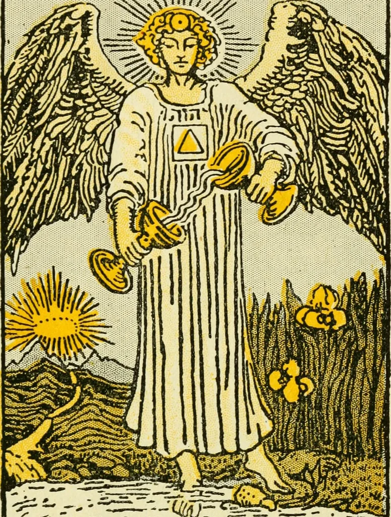 An illustration from The illustrated key to the tarot, the veil of divination, illustrating the greater and lesser arcana, embracing: The veil and its symbols. Secret tradition under the veil of divination. Art of tarot divination. Outer method of the oracles. The tarot in history. Inner symbolism. The greater keys, 1918, leaf 70