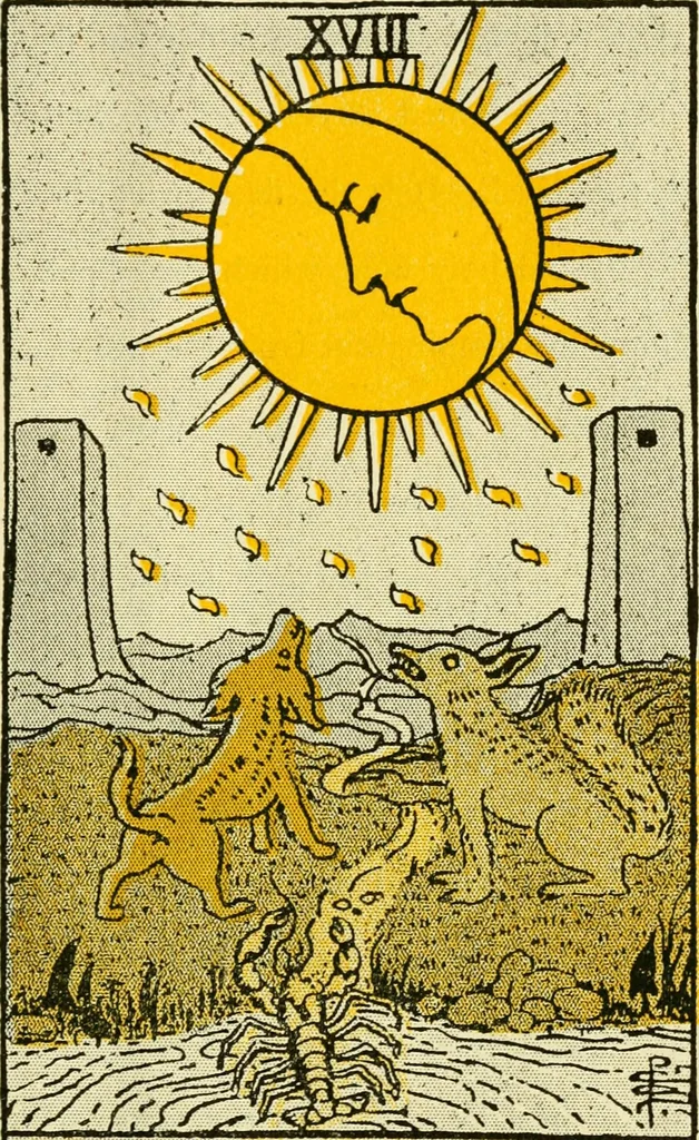 An illustration from The illustrated key to the tarot, the veil of divination, illustrating the greater and lesser arcana, embracing: The veil and its symbols. Secret tradition under the veil of divination. Art of tarot divination. Outer method of the oracles. The tarot in history. Inner symbolism. The greater keys, 1918, leaf 78