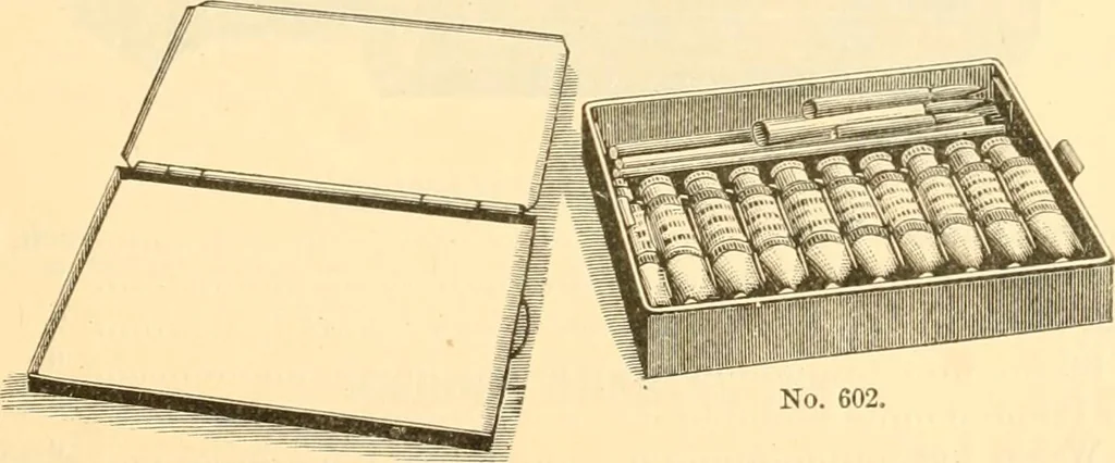 An illustration from Illustrated price list of artists' materials : comprising a complete list of painting and drawing materials for artists... materials for gilders, sign and coach-painters; etcher's and engravers' tools; also, materials for making wax and paper flowers., 1888, leaf 106