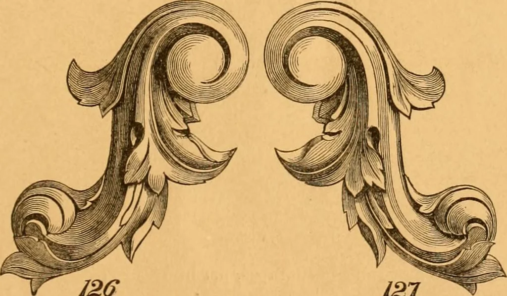 An illustration from Illustrated price list of patented artificial wood ornaments for furniture manufacturers, architects, builders, interior decorators, stair builders, car builders, organ manufacturers, steamboat builders, etc, etc., 1879, leaf 10