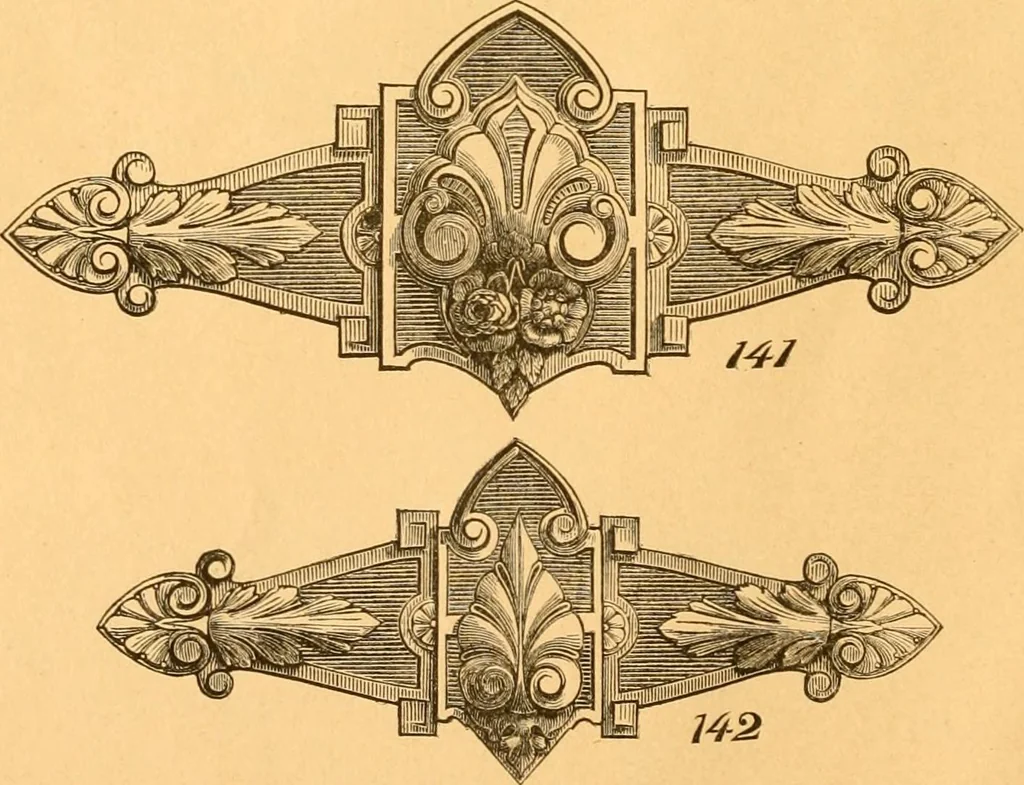 An illustration from Illustrated price list of patented artificial wood ornaments for furniture manufacturers, architects, builders, interior decorators, stair builders, car builders, organ manufacturers, steamboat builders, etc, etc., 1879, leaf 13