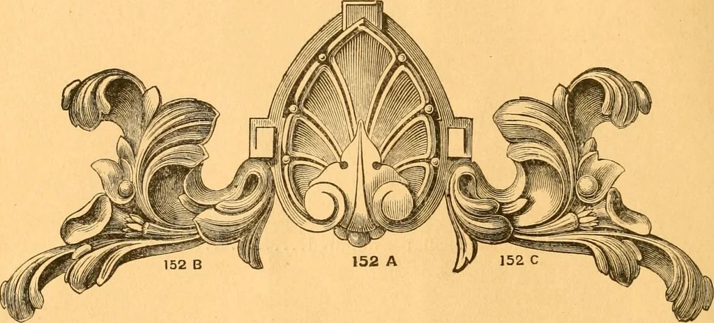 An illustration from Illustrated price list of patented artificial wood ornaments for furniture manufacturers, architects, builders, interior decorators, stair builders, car builders, organ manufacturers, steamboat builders, etc, etc., 1879, leaf 15