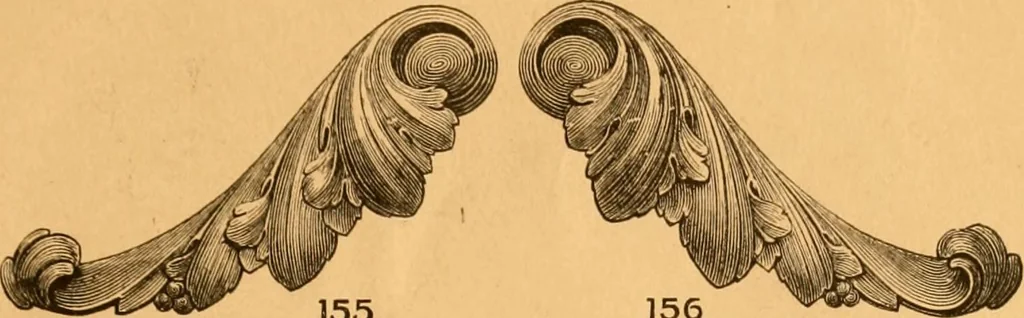 An illustration from Illustrated price list of patented artificial wood ornaments for furniture manufacturers, architects, builders, interior decorators, stair builders, car builders, organ manufacturers, steamboat builders, etc, etc., 1879, leaf 16