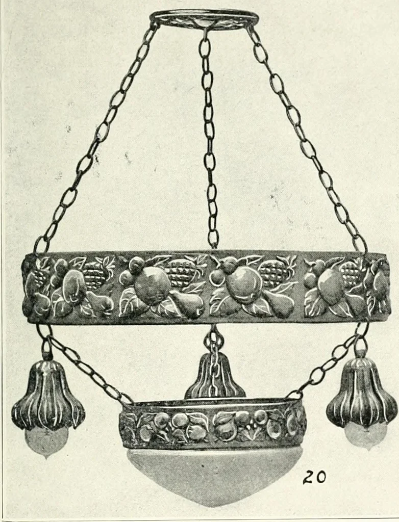 An illustration from Illustrating light iron pressed rosettes, cups, husks, leaves, roses and various ornaments used on lamps and lighting fixtures ..., 1922, leaf 10