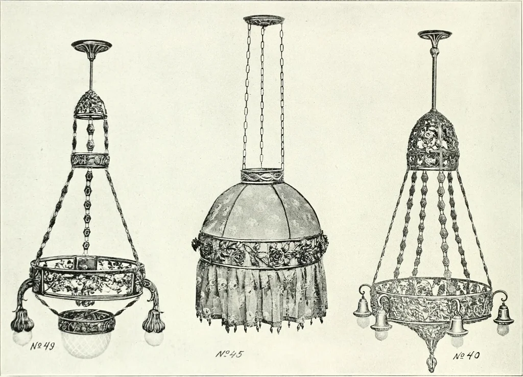 An illustration from Illustrating light iron pressed rosettes, cups, husks, leaves, roses and various ornaments used on lamps and lighting fixtures ..., 1922, leaf 13