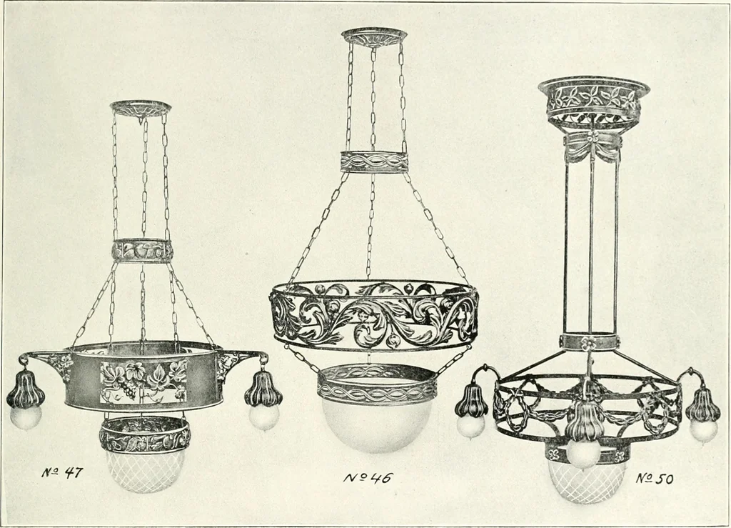 An illustration from Illustrating light iron pressed rosettes, cups, husks, leaves, roses and various ornaments used on lamps and lighting fixtures ..., 1922, leaf 14