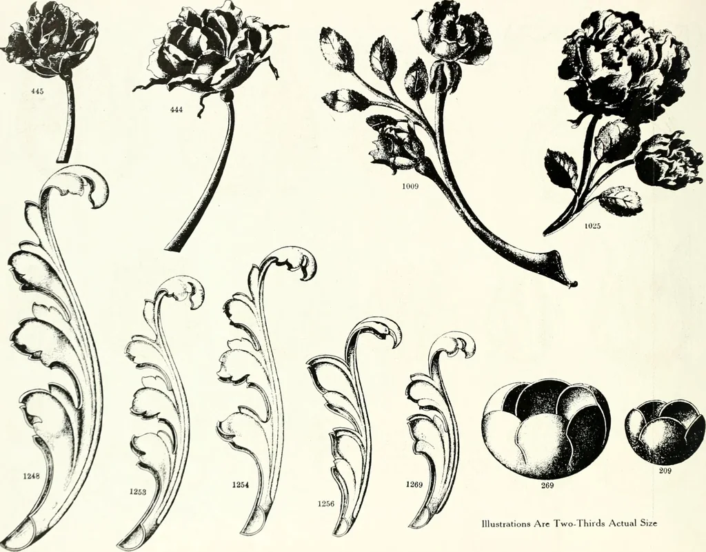 An illustration from Illustrating light iron pressed rosettes, cups, husks, leaves, roses and various ornaments used on lamps and lighting fixtures ..., 1922, leaf 15