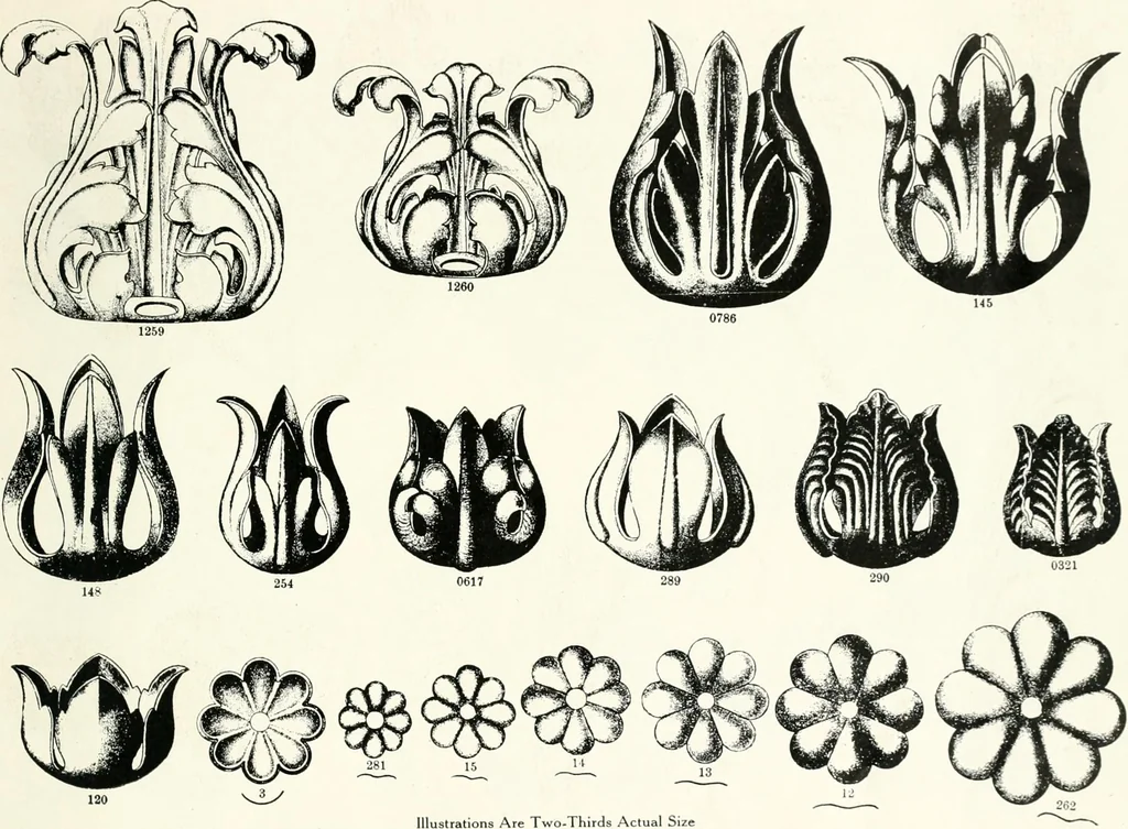 An illustration from Illustrating light iron pressed rosettes, cups, husks, leaves, roses and various ornaments used on lamps and lighting fixtures ..., 1922, leaf 16