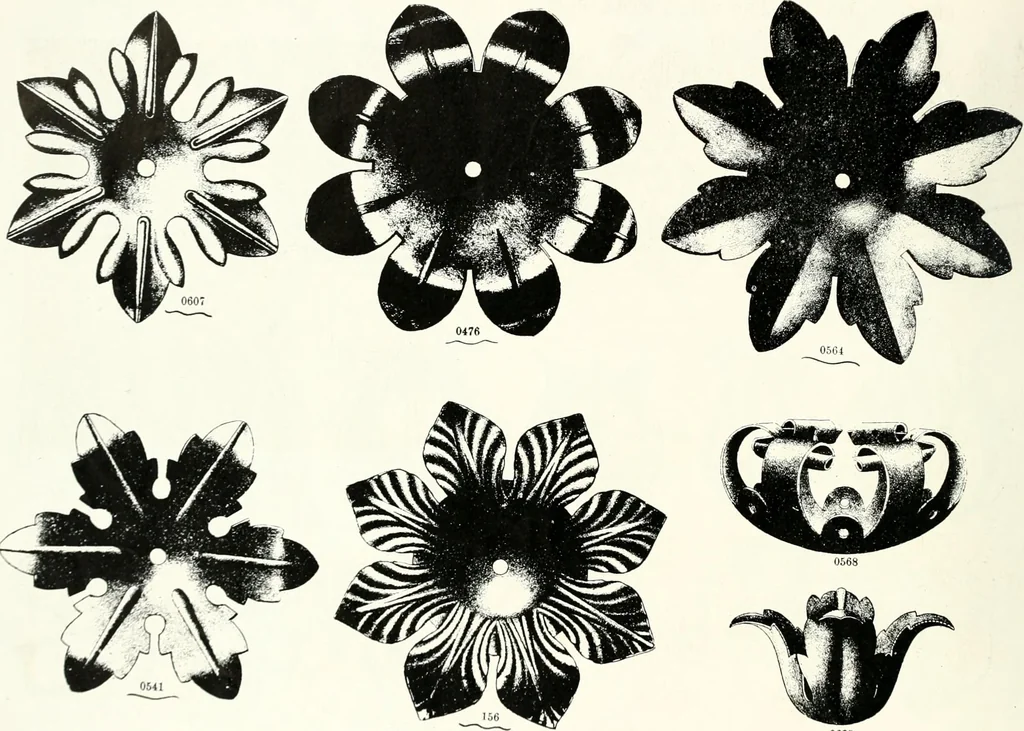 An illustration from Illustrating light iron pressed rosettes, cups, husks, leaves, roses and various ornaments used on lamps and lighting fixtures ..., 1922, leaf 17