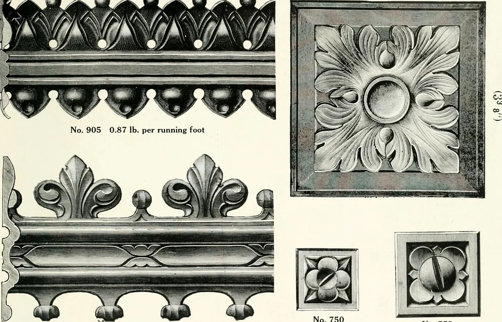 An illustration from Illustrating light iron pressed rosettes, cups, husks, leaves, roses and various ornaments used on lamps and lighting fixtures ..., 1922, leaf 18