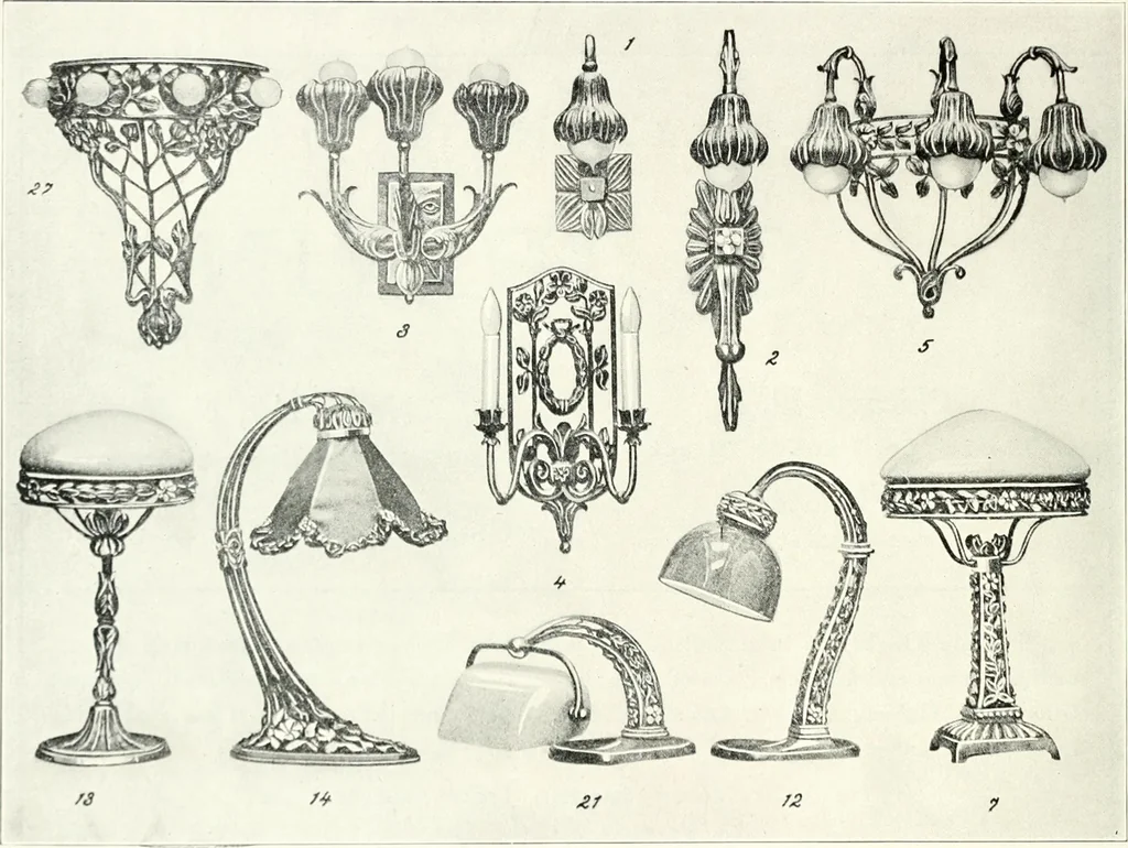 An illustration from Illustrating light iron pressed rosettes, cups, husks, leaves, roses and various ornaments used on lamps and lighting fixtures ..., 1922, leaf 5