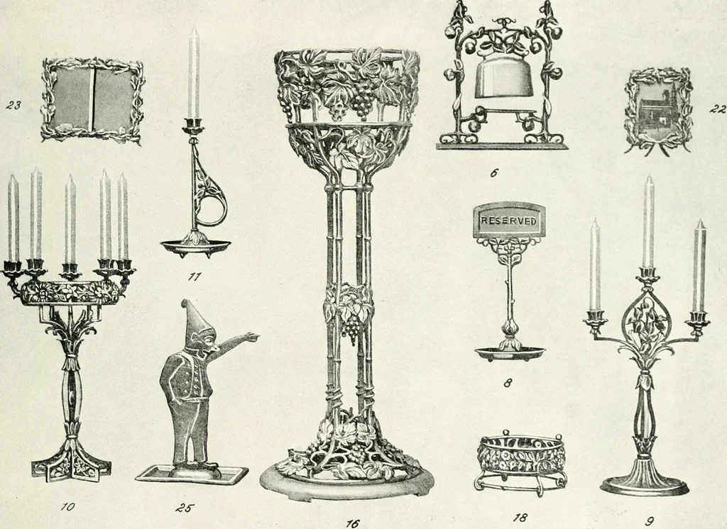 An illustration from Illustrating light iron pressed rosettes, cups, husks, leaves, roses and various ornaments used on lamps and lighting fixtures ..., 1922, leaf 6