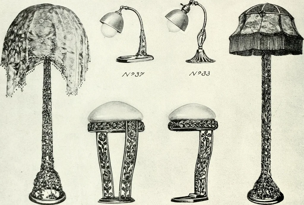 An illustration from Illustrating light iron pressed rosettes, cups, husks, leaves, roses and various ornaments used on lamps and lighting fixtures ..., 1922, leaf 7