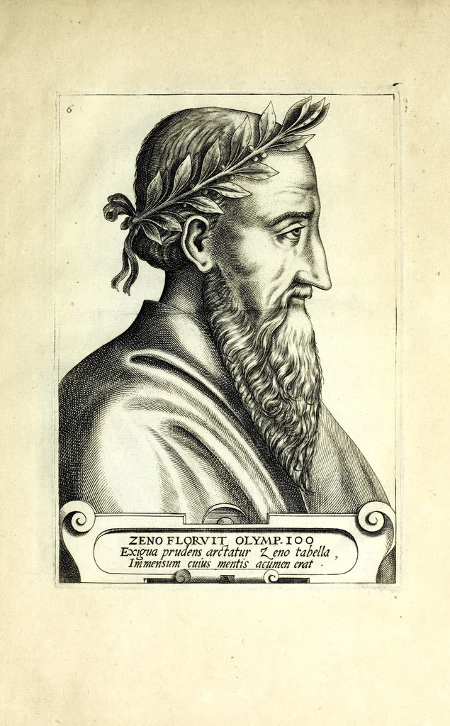 An illustration from Illvstrivm philosophorvm et poetarvm vetervm XII. effigies : ex antiquistum marmoreis tum aeneis signis ad viuum expressȩ & nũc primùm in lucem aeditae : opera Renati Boiuin .., 1566, leaf 21