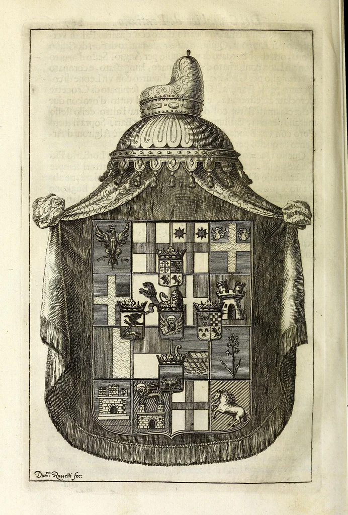 An illustration from Il mercurio araldico in Italia, compendioso blasone di tutte le prouincie e città d'Italia con ordine geografico & istorico, premesso all'Araldo veneto. Instruzione necessaria per leuare ogni equiuoco di segni e figure, ch'entrano negl'armeggi di nobilissime fameglie, con blasoni proprij ad ogni sorte di persone nouamente nobilitate, 1686, leaf 348
