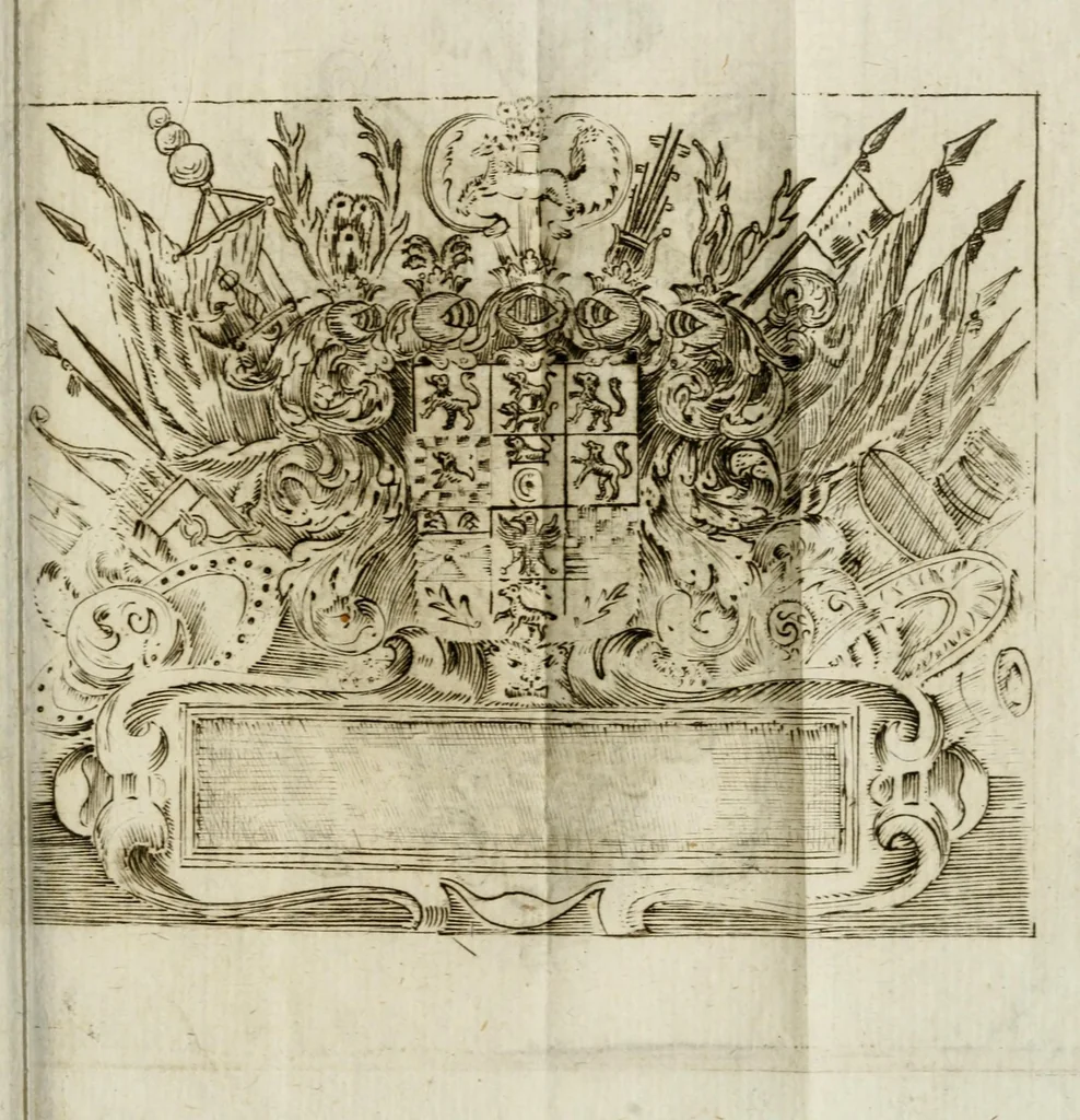 An illustration from Il merito acclamato : armonici tribvti d'osseqvio, consacrati da S.E. il signor Marco Contarini, procurator di S. Marco all'Altezza Serenissima d'Ernesto Avgvsto, vescovo d'Osnabrvg, duca di Bransuich, Luneburgo, &c., in occasione che l' A.S. fauorisce S.E. nel luoco di Piazzola, 1685, leaf 3