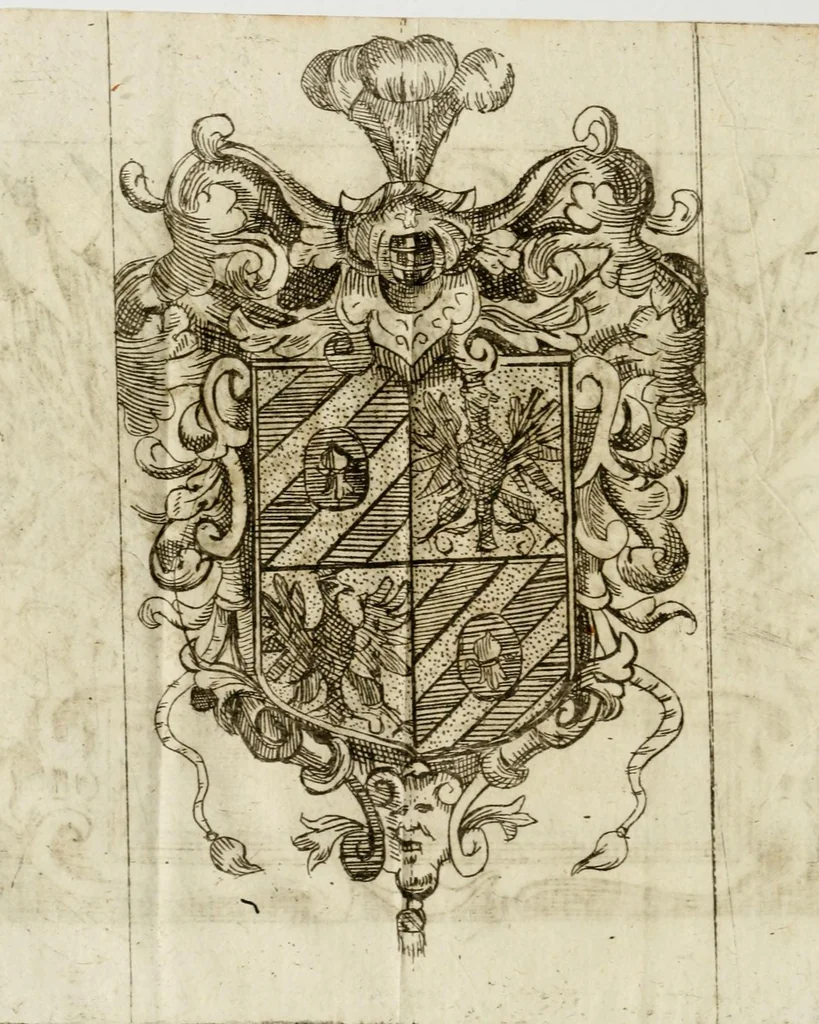 An illustration from Il merito acclamato : armonici tribvti d'osseqvio, consacrati da S.E. il signor Marco Contarini, procurator di S. Marco all'Altezza Serenissima d'Ernesto Avgvsto, vescovo d'Osnabrvg, duca di Bransuich, Luneburgo, &c., in occasione che l' A.S. fauorisce S.E. nel luoco di Piazzola, 1685, leaf 4
