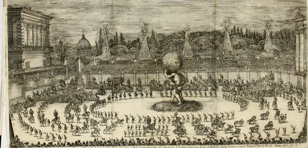 An illustration from Il Mondo festeggiante : balletto a cavallo, fatto nel teatro congiunto al palazzo del sereniss. gran dvca, per le reali nozze de' serenissimi principi Cosimo Terzo di Toscana, e Margherita Lvisa d'Orleans, 1661, leaf 17