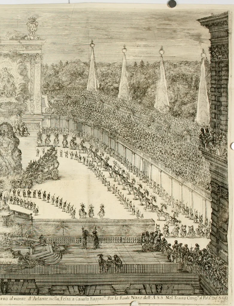 An illustration from Il Mondo festeggiante : balletto a cavallo, fatto nel teatro congiunto al palazzo del sereniss. gran dvca, per le reali nozze de' serenissimi principi Cosimo Terzo di Toscana, e Margherita Lvisa d'Orleans, 1661, leaf 29