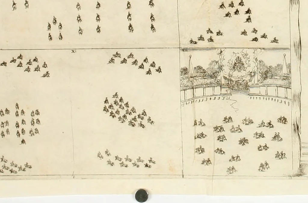 An illustration from Il Mondo festeggiante : balletto a cavallo, fatto nel teatro congiunto al palazzo del sereniss. gran dvca, per le reali nozze de' serenissimi principi Cosimo Terzo di Toscana, e Margherita Lvisa d'Orleans, 1661, leaf 45