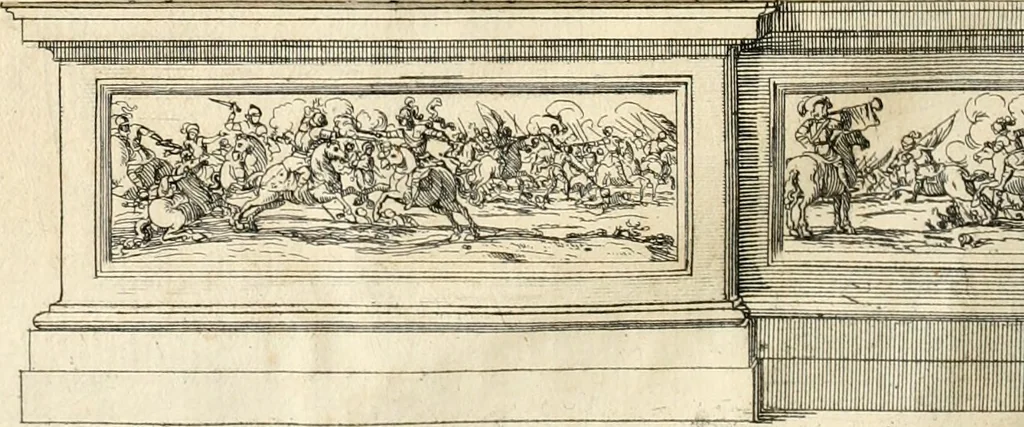 An illustration from Il mondo piangente et il cielo festeggiante : nel funerale apparato dell'essequie celebrate in Roma nella chiesa di San Luigi de Francesi alla gloriosa memoria di Anna d'Austria, regina di Francia, 1666, leaf 27