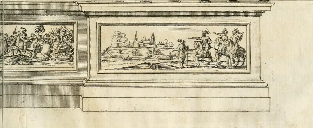 An illustration from Il mondo piangente et il cielo festeggiante : nel funerale apparato dell'essequie celebrate in Roma nella chiesa di San Luigi de Francesi alla gloriosa memoria di Anna d'Austria, regina di Francia, 1666, leaf 28