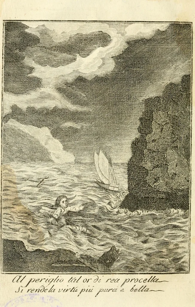 An illustration from Il Naufragio felice allo scoglio del disinganno; ossia, La storia comica, morale e istruttiva de' strepitosi avvenimenti di Alfonso de Rodrigues, scritta da lui medesimo e data in luce da G.D.M, leaf 6
