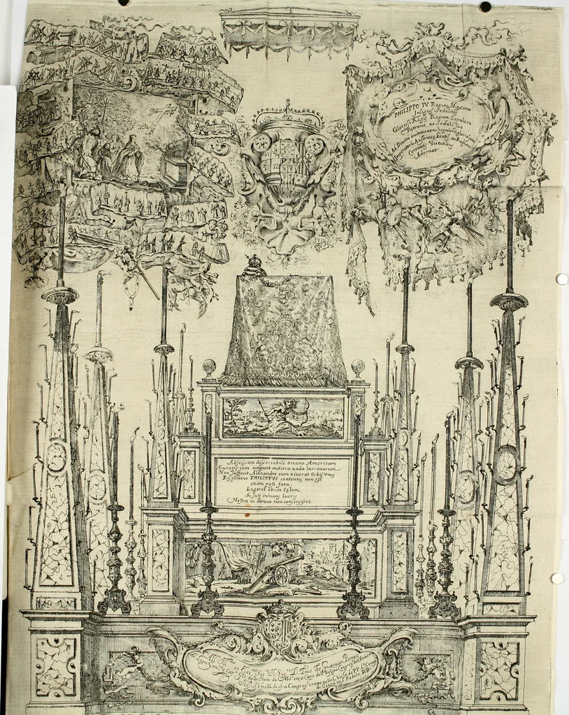 An illustration from Il sepolcro glorioso, ornato dalla pietà dell'insigne Congregatione dell' Entierro di Cristo N.S. : nell'essequie della Maestà di Filippo Quarto nella chiesa di Santo Fedele de PP. della Compagnia di Giesù in Milano li 16. genaro 1666, 1666, leaf 5