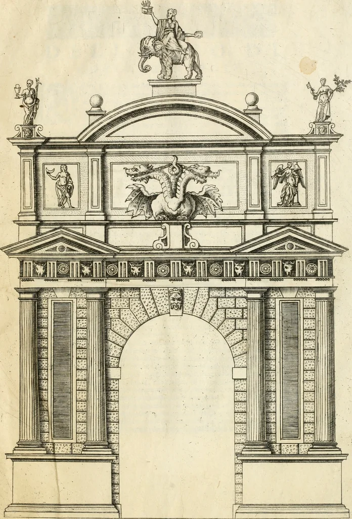 An illustration from Il sontvoso apparato fatto dalla magnifica citta di Brescia nel felice ritorno dell'illv. & reuerendiss. vescouo suo il cardinale Morosini : con la spositione de' sensi simbolici che in esso si contengono, 1591, leaf 46