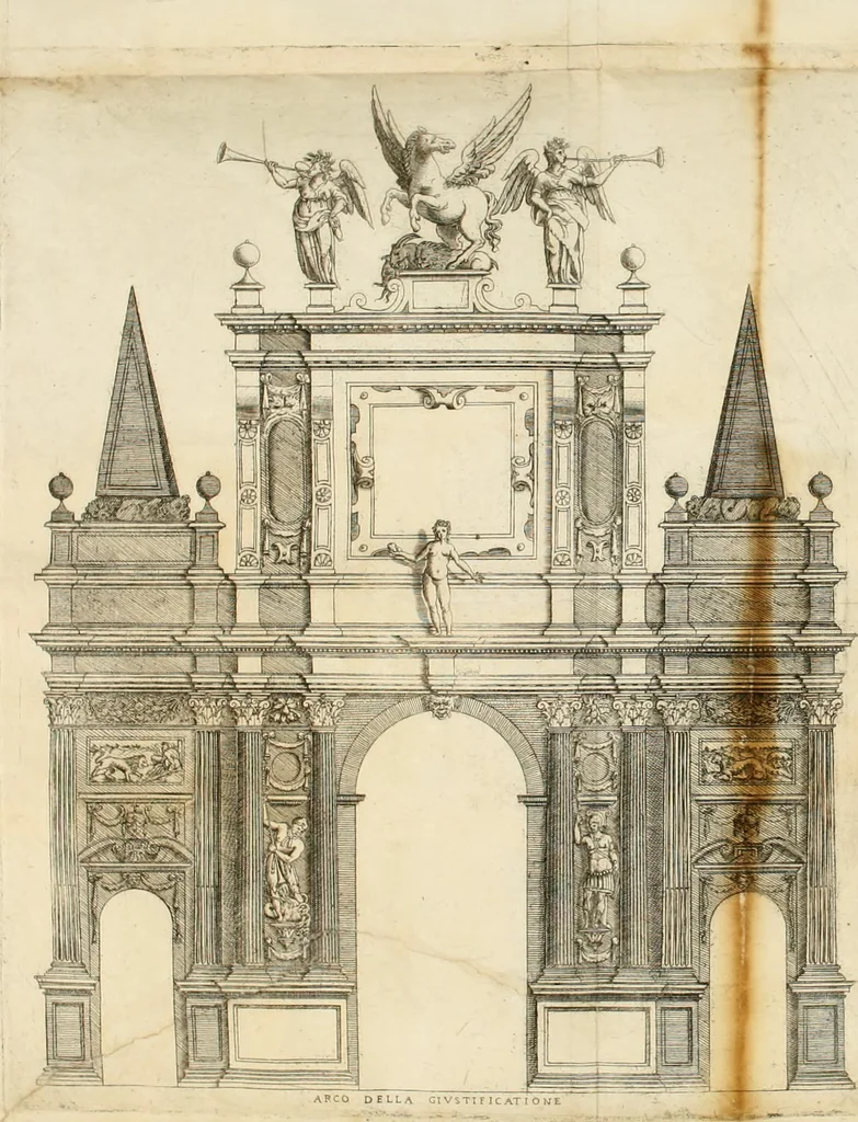 An illustration from Il sontvoso apparato fatto dalla magnifica citta di Brescia nel felice ritorno dell'illv. & reuerendiss. vescouo suo il cardinale Morosini : con la spositione de' sensi simbolici che in esso si contengono, 1591, leaf 73
