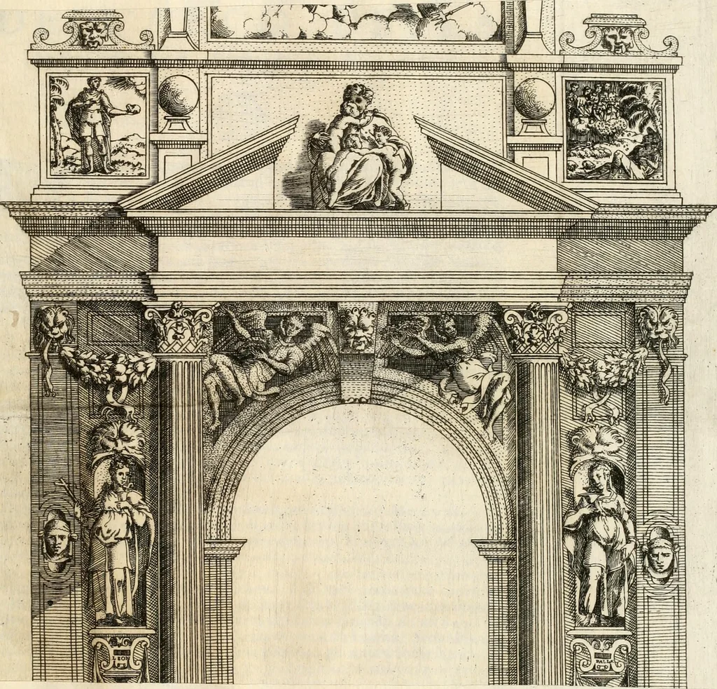 An illustration from Il sontvoso apparato fatto dalla magnifica citta di Brescia nel felice ritorno dell'illv. & reuerendiss. vescouo suo il cardinale Morosini : con la spositione de' sensi simbolici che in esso si contengono, 1591, leaf 92