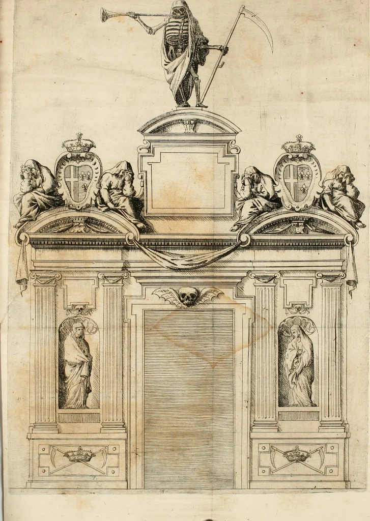 An illustration from Il teatro del dolore : apparato funebre fatto nel duomo di Torino dall'Altezza Reale di Carlo Emanuele II. duca di Sauoia ... alle Altezze Reali di Christina di Francia sua madre e Francesca di Borbone sua sposa, alli 3. e 4. di marzo M.DC.LXIV, 1664, leaf 13