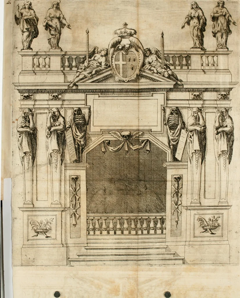 An illustration from Il teatro del dolore : apparato funebre fatto nel duomo di Torino dall'Altezza Reale di Carlo Emanuele II. duca di Sauoia ... alle Altezze Reali di Christina di Francia sua madre e Francesca di Borbone sua sposa, alli 3. e 4. di marzo M.DC.LXIV, 1664, leaf 21
