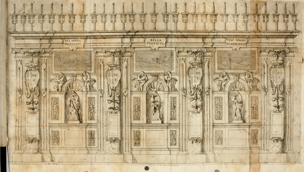 An illustration from Il teatro del dolore : apparato funebre fatto nel duomo di Torino dall'Altezza Reale di Carlo Emanuele II. duca di Sauoia ... alle Altezze Reali di Christina di Francia sua madre e Francesca di Borbone sua sposa, alli 3. e 4. di marzo M.DC.LXIV, 1664, leaf 25