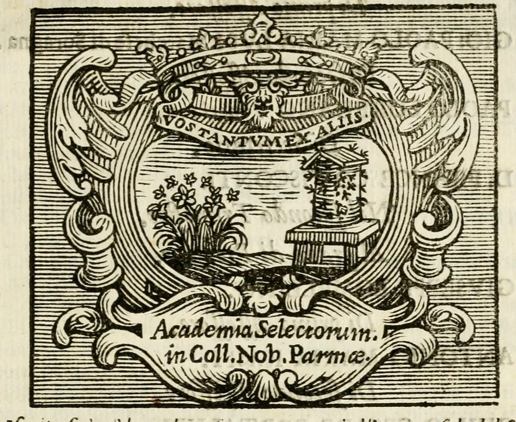 An illustration from Il teatro dell' honore : academia mista d' essercitij letterari e cauallereschi, solita celebrarsi sù 'l fine dell'anno in Collegio de' nobili di Parma per rimeritare quei signori convittori, che nello studio delle lettere e dell'arti caualleresche si sono sopra gli altri segnalati, tenuta quest'anno 1673, li 20. agosto e dedicata all' Altezza Serenissima di Ranuccio II, duca di Parma, &c, 1673, leaf 49