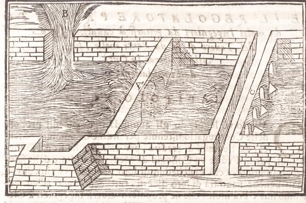 An illustration from Il Teuere incatenato, ouero, L'arte di frenar l'acque correnti, 1663, leaf 276