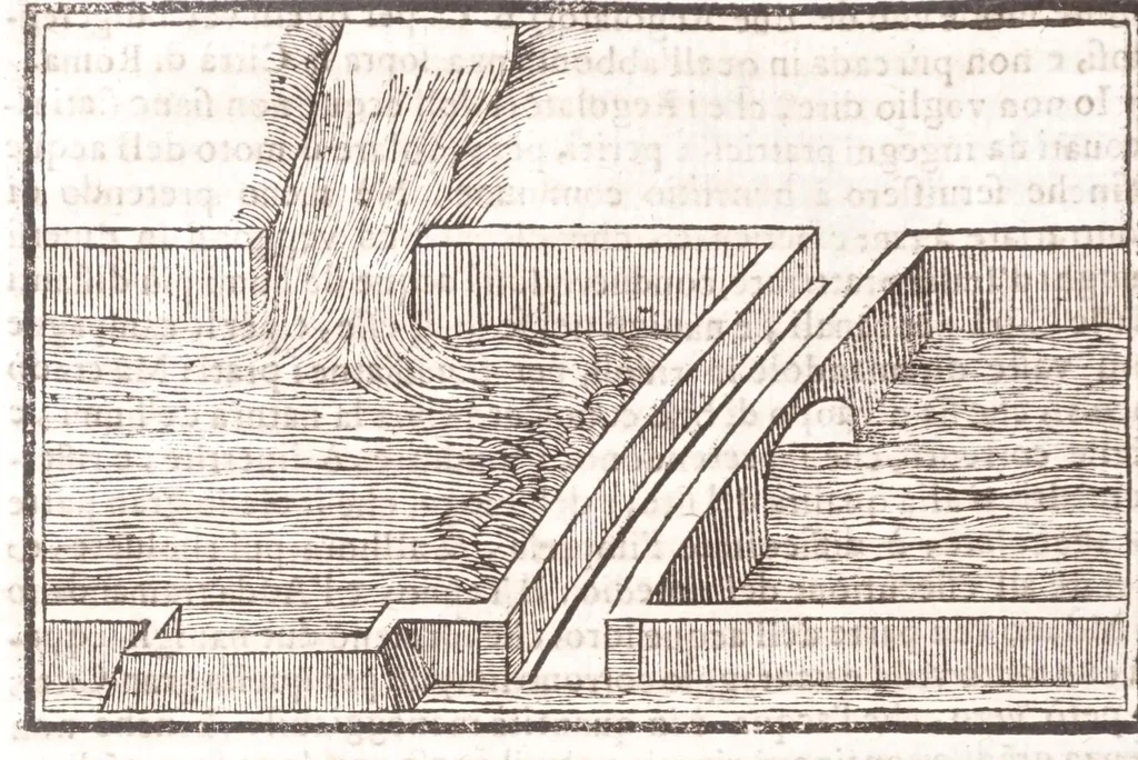 An illustration from Il Teuere incatenato, ouero, L'arte di frenar l'acque correnti, 1663, leaf 278