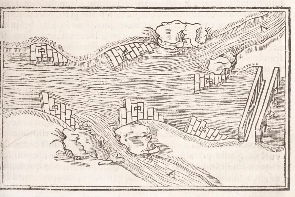 An illustration from Il Teuere incatenato, ouero, L'arte di frenar l'acque correnti, 1663, leaf 303