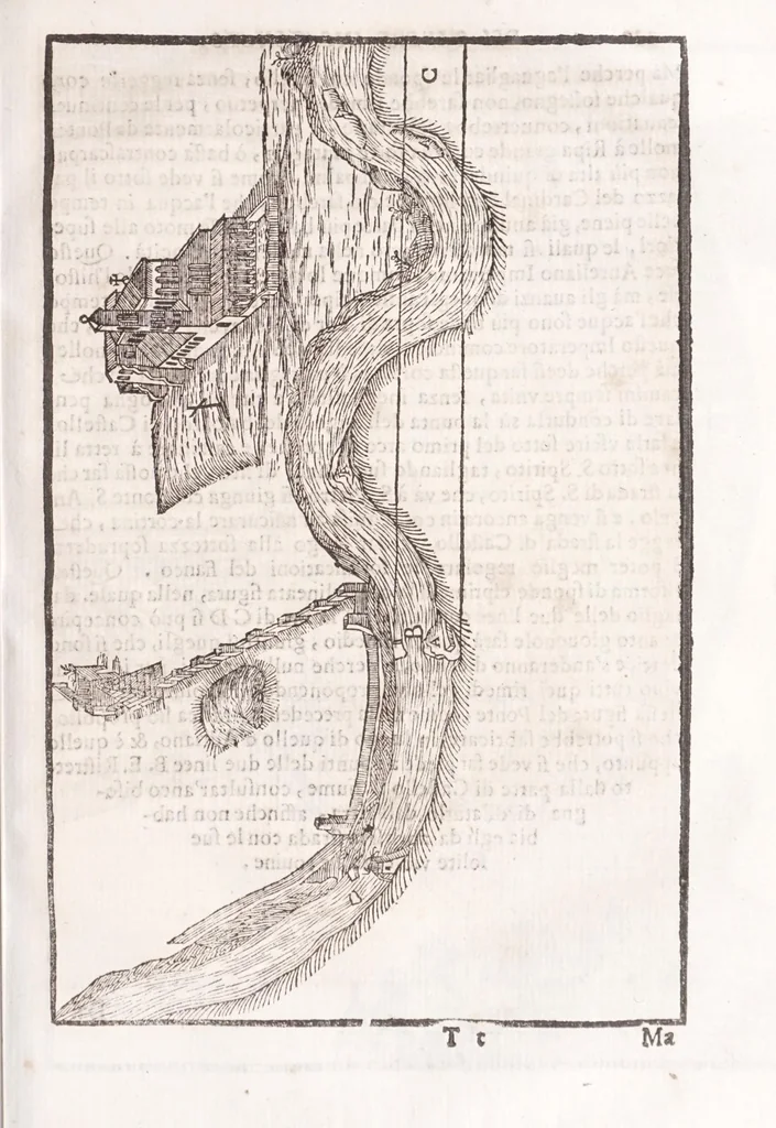 An illustration from Il Teuere incatenato, ouero, L'arte di frenar l'acque correnti, 1663, leaf 353