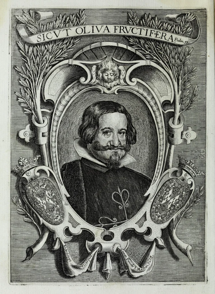 An illustration from Ilustracion del renombre de grande principio, grandeza, y etimologia : pontifices, santos, emperadores, reyes, i varones ilustres, que le merecieron en la voz publica de los hombres, 1638, leaf 8