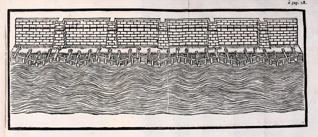 An illustration from Il vero riparo, il facile, il naturale : per ouuiare ò rimediare ogni corrosione e ruina di fiume e torrente, abbenche giudicata irremediabile : dottrina prattica ... esposta a beneficio di tutti i simili danneggiati, e massime della città di Cremona, sotto gli assalti del Pò ormai disperata, e cadente, 1685, leaf 47