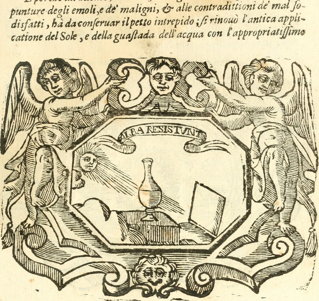 An illustration from Il zodiaco, over, idea di perfettione di prencipi : formata dall'heroiche virtù dell'illvstriss. et eccellentiss. signore D. Antonio Alvarez di Toledo, duca d'Alba vicere di Napoli : rapresentata come in vn trionfo dal fidelissimo popolo napoletano : per opera del dottore Francesco Antonio Scacciauento suo eletto : nella pomposissima festa di San Gio. Battista, celebrata à 23. di giugno 1629. per il settimo anno del suo gouerno, 1630, leaf 108