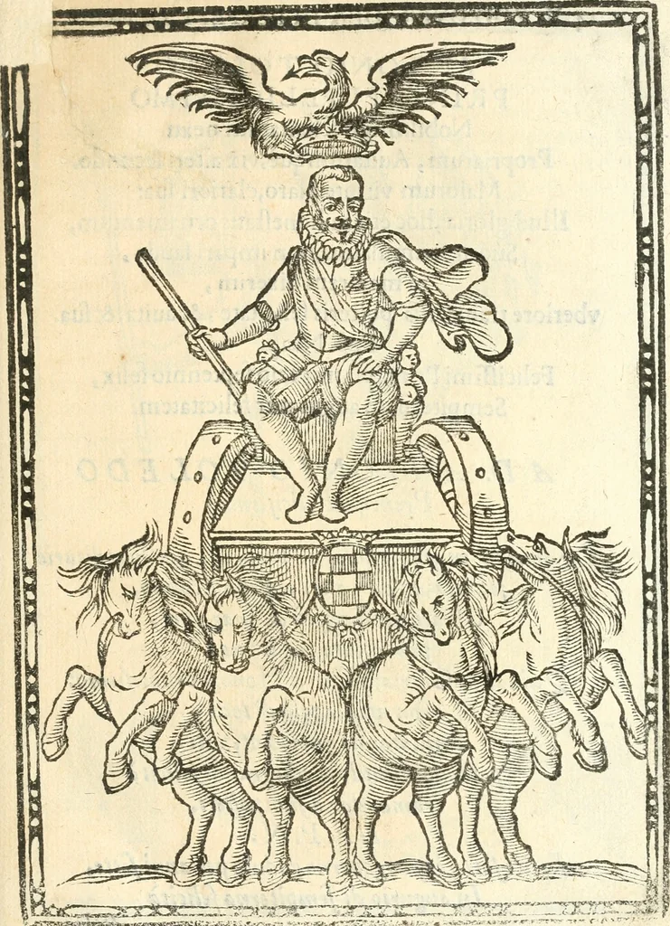 An illustration from Il zodiaco, over, idea di perfettione di prencipi : formata dall'heroiche virtù dell'illvstriss. et eccellentiss. signore D. Antonio Alvarez di Toledo, duca d'Alba vicere di Napoli : rapresentata come in vn trionfo dal fidelissimo popolo napoletano : per opera del dottore Francesco Antonio Scacciauento suo eletto : nella pomposissima festa di San Gio. Battista, celebrata à 23. di giugno 1629. per il settimo anno del suo gouerno, 1630, leaf 22