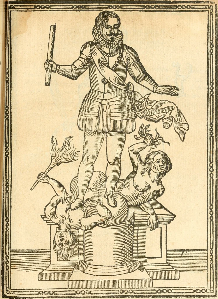 An illustration from Il zodiaco, over, idea di perfettione di prencipi : formata dall'heroiche virtù dell'illvstriss. et eccellentiss. signore D. Antonio Alvarez di Toledo, duca d'Alba vicere di Napoli : rapresentata come in vn trionfo dal fidelissimo popolo napoletano : per opera del dottore Francesco Antonio Scacciauento suo eletto : nella pomposissima festa di San Gio. Battista, celebrata à 23. di giugno 1629. per il settimo anno del suo gouerno, 1630, leaf 302