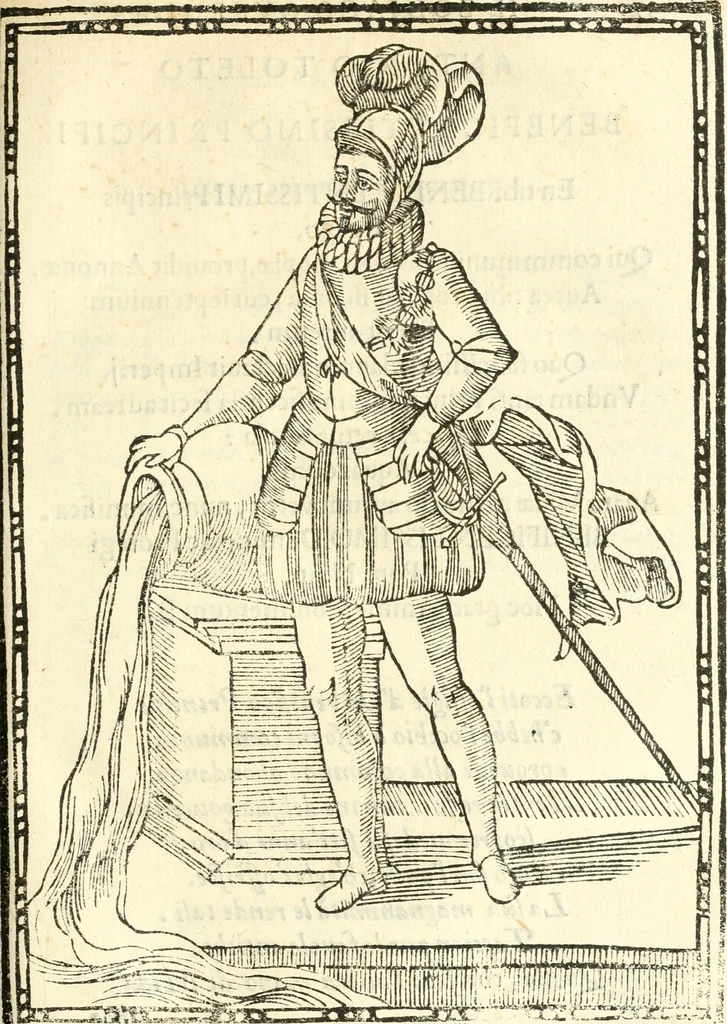 An illustration from Il zodiaco, over, idea di perfettione di prencipi : formata dall'heroiche virtù dell'illvstriss. et eccellentiss. signore D. Antonio Alvarez di Toledo, duca d'Alba vicere di Napoli : rapresentata come in vn trionfo dal fidelissimo popolo napoletano : per opera del dottore Francesco Antonio Scacciauento suo eletto : nella pomposissima festa di San Gio. Battista, celebrata à 23. di giugno 1629. per il settimo anno del suo gouerno, 1630, leaf 380