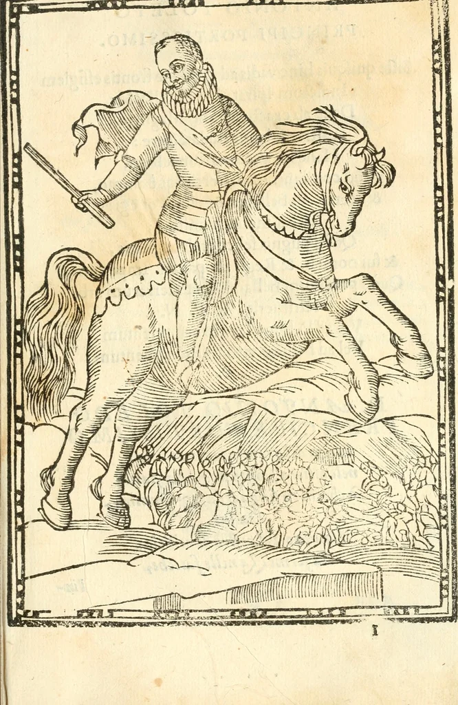 An illustration from Il zodiaco, over, idea di perfettione di prencipi : formata dall'heroiche virtù dell'illvstriss. et eccellentiss. signore D. Antonio Alvarez di Toledo, duca d'Alba vicere di Napoli : rapresentata come in vn trionfo dal fidelissimo popolo napoletano : per opera del dottore Francesco Antonio Scacciauento suo eletto : nella pomposissima festa di San Gio. Battista, celebrata à 23. di giugno 1629. per il settimo anno del suo gouerno, 1630, leaf 76