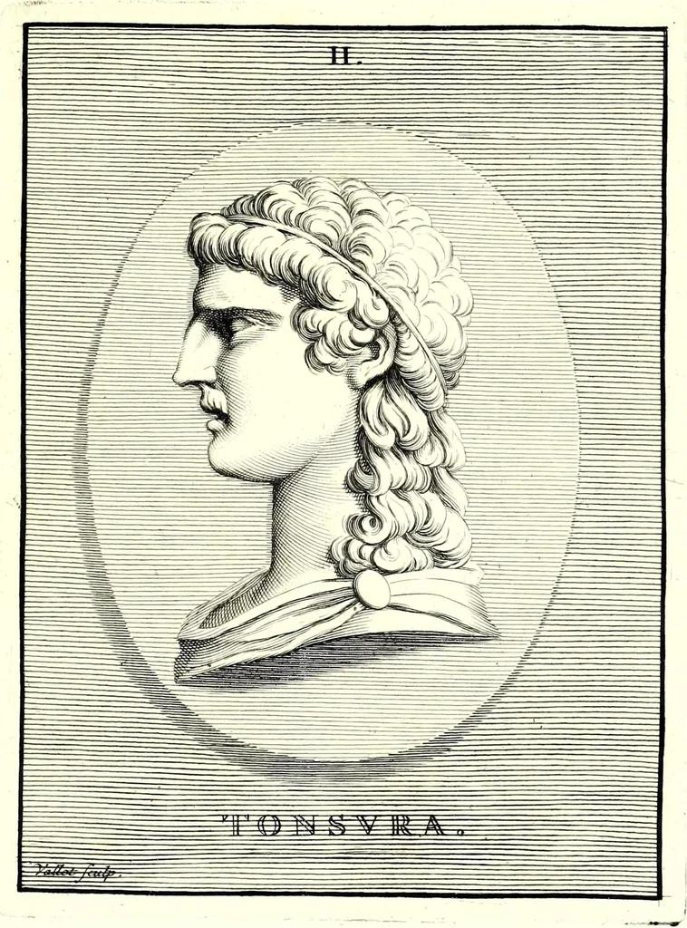 An illustration from Images des héros et des grands hommes de l'antiquité. Dessinées sur des médailles, des pierres antiques & autres anciens monumens, 1731, leaf 29