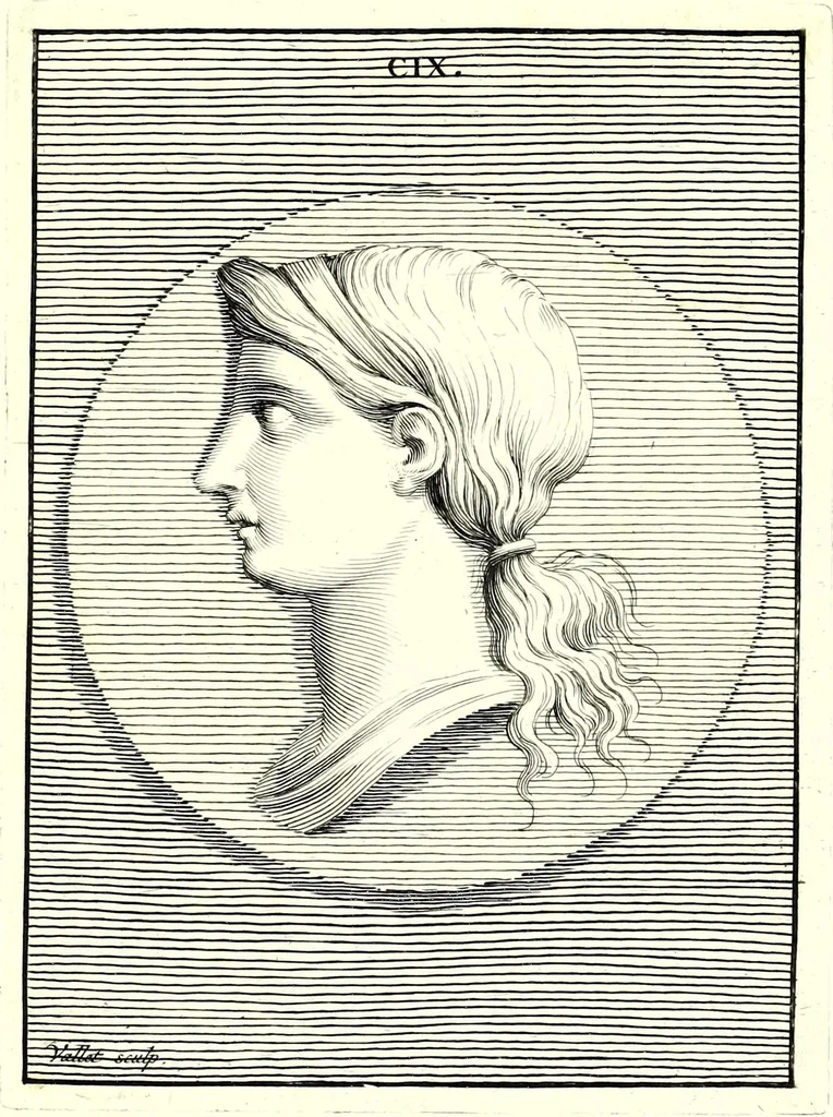 An illustration from Images des héros et des grands hommes de l'antiquité. Dessinées sur des médailles, des pierres antiques & autres anciens monumens, 1731, leaf 615