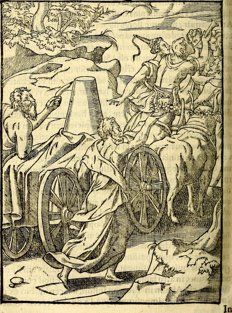 An illustration from Imagines deorum, qui ab antiquis colebantur : in quibus simulacra, ritus, caerimoniae, magnaq[ue] ex parte veterum religio explicatur, 1581, leaf 157